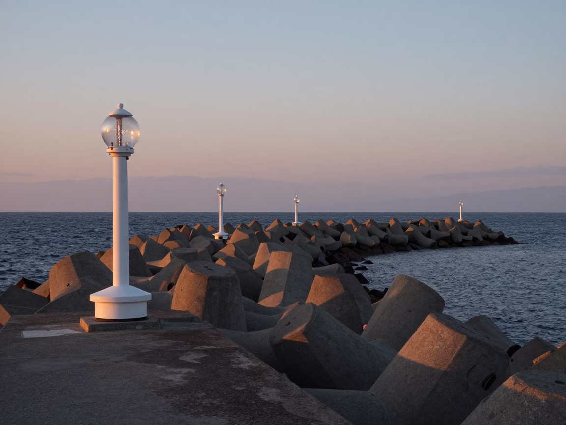 Fukuoka Nautical Dawn Coastal Breakwater Warning Beacons and Sea Wall in in Fukuoka, Japan