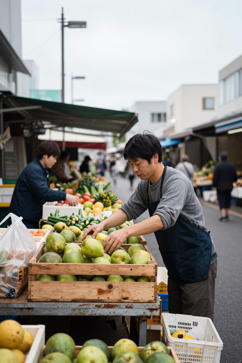 Fukuoka Shopkeeper Arranging Produce Under Overcast Midday Light in in Fukuoka, Japan