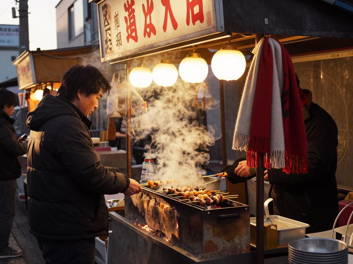Fukuoka Street Food Stall at Golden Hour with Wool Scarves and Weathered Window in in Fukuoka, Japan