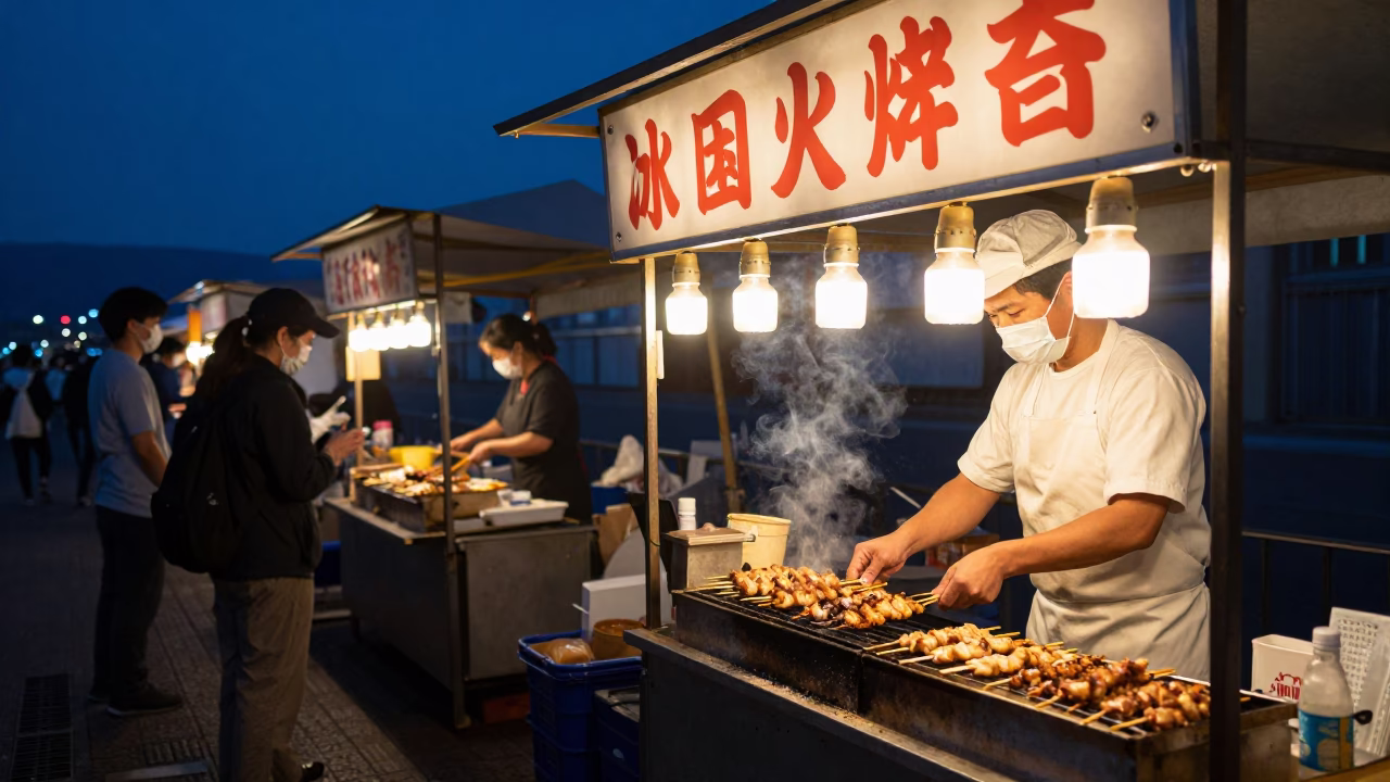 Fukuoka street food stall indigo twilight with grilled skewers and plastic stools in in Fukuoka, Japan