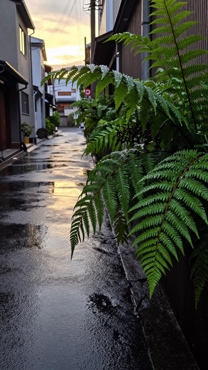 Fukuoka Street Scene After Rain With Wet Pavement Reflections And Ferns in in Fukuoka, Japan