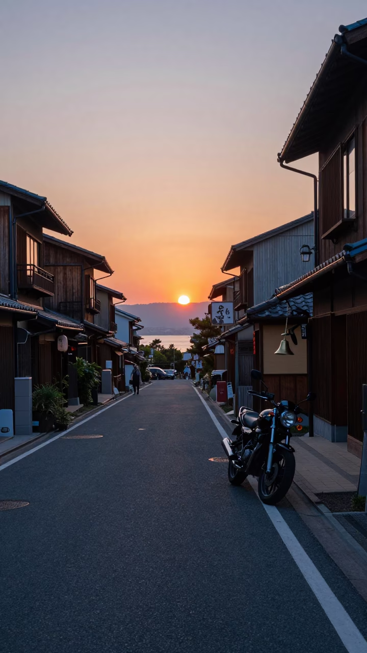 Fukuoka Street Scene at Dusk with Bell and Motorcycle Near Traditional Architecture in in Fukuoka, Japan