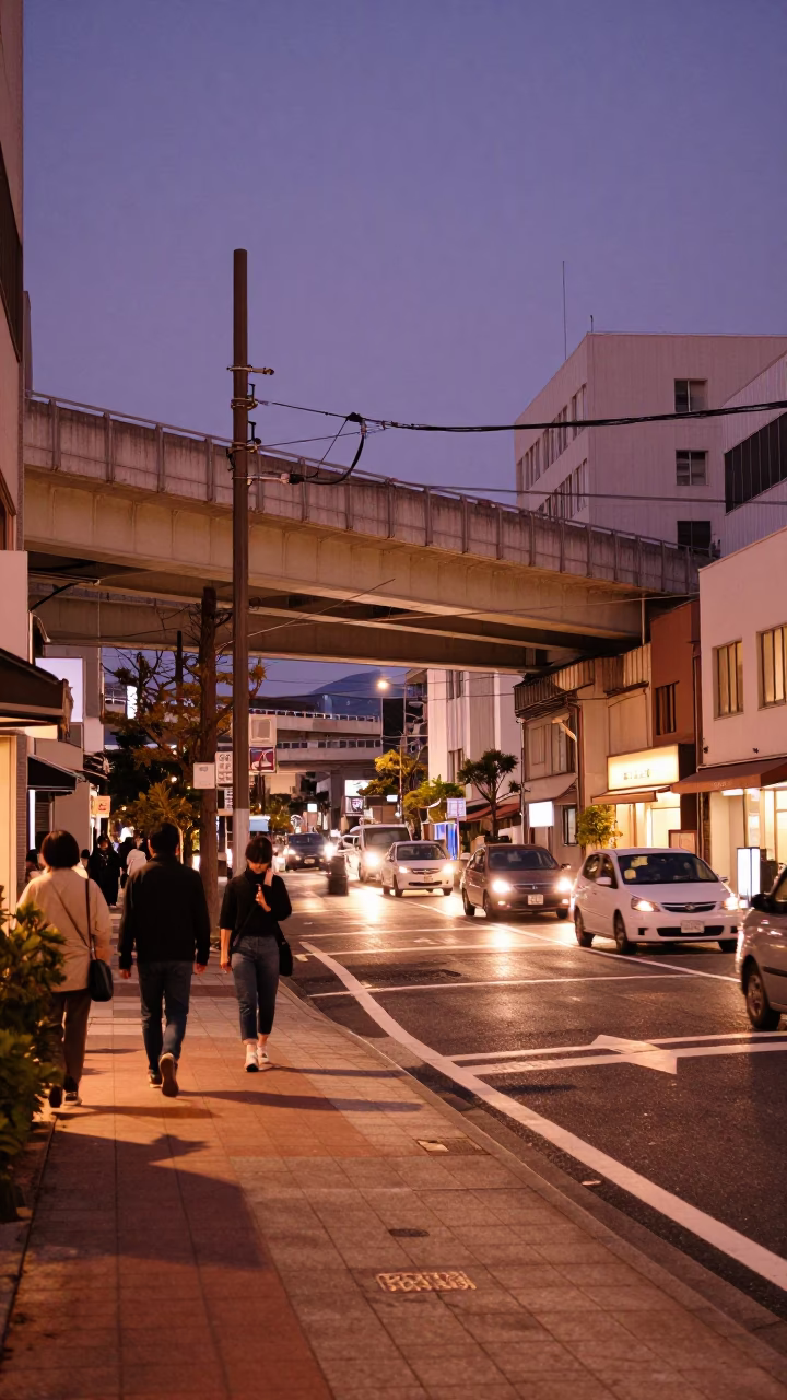 Fukuoka Street Scene at Dusk with Nasi Gorego and Overpass Interchange in in Fukuoka, Japan