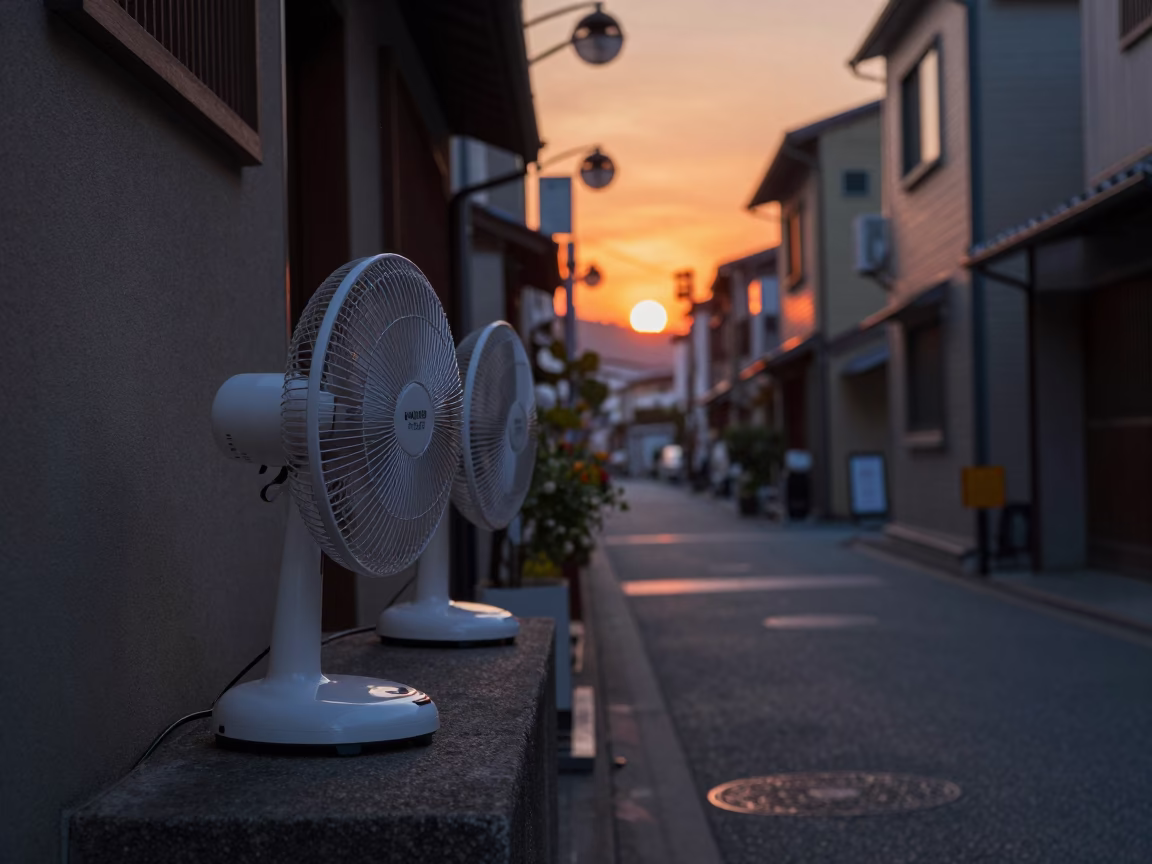 Fukuoka Street Scene at Dusk with Table Fans and Magazine Rack in in Fukuoka, Japan