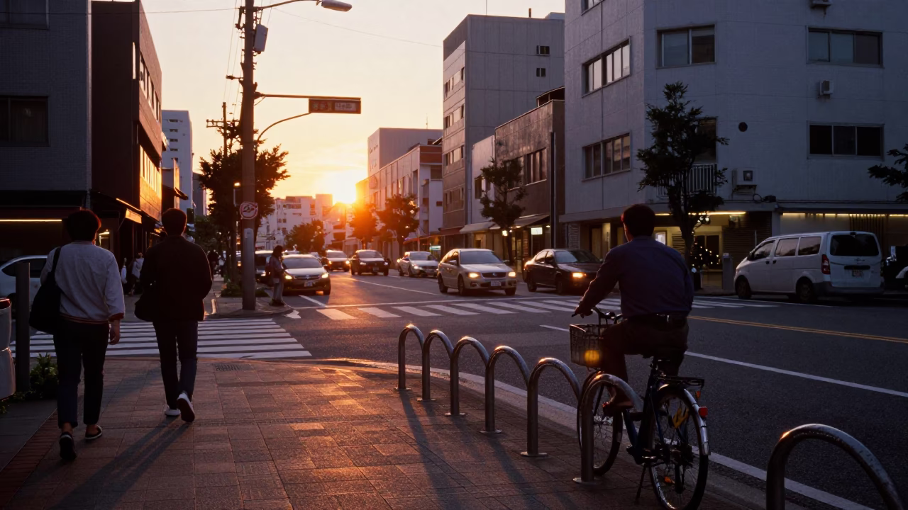 Fukuoka Street Scene at Sunset with Campus Bicycle Rack and Local Daily Life in in Fukuoka, Japan