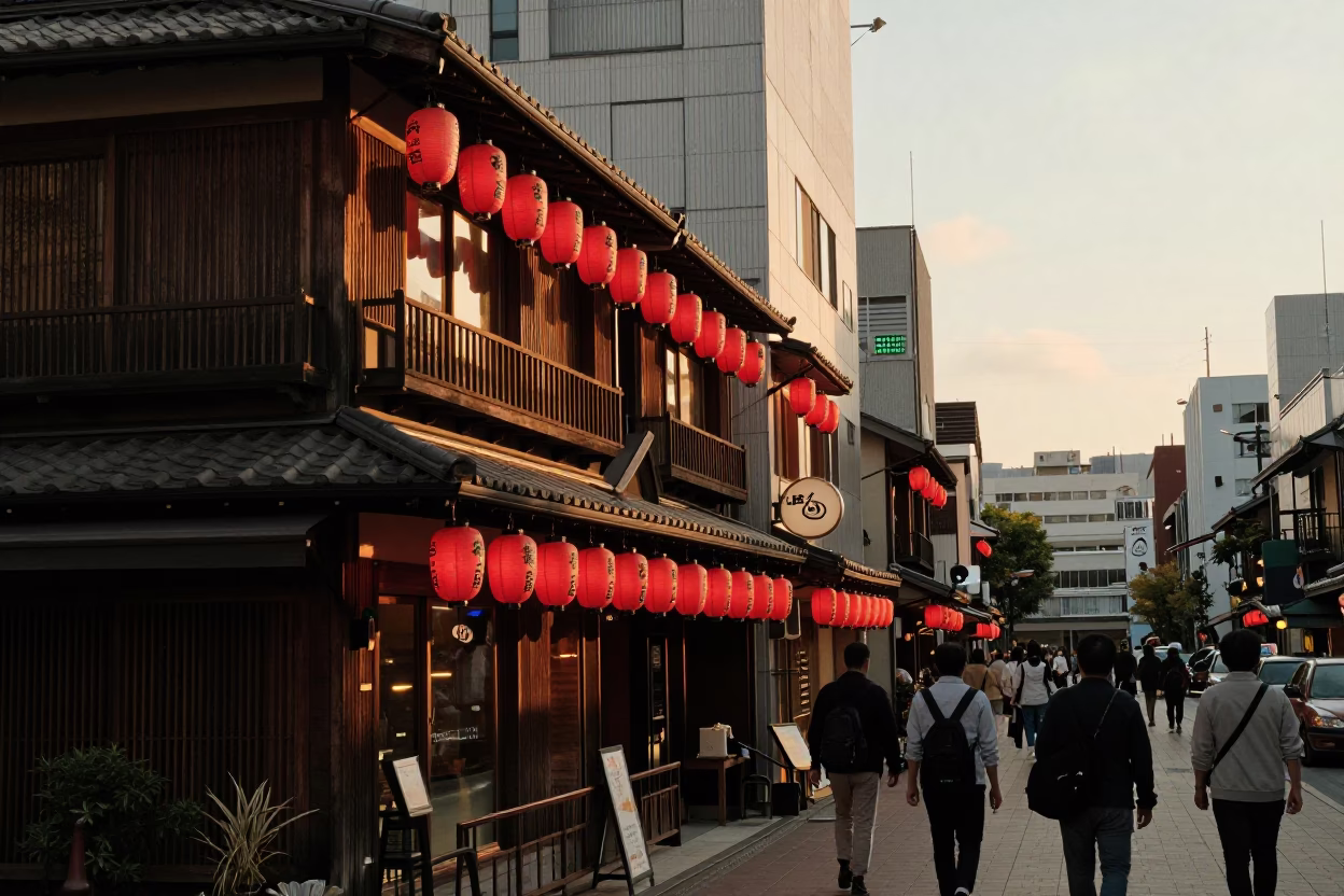 Fukuoka street scene golden hour with traditional lanterns and urban architecture in in Fukuoka, Japan