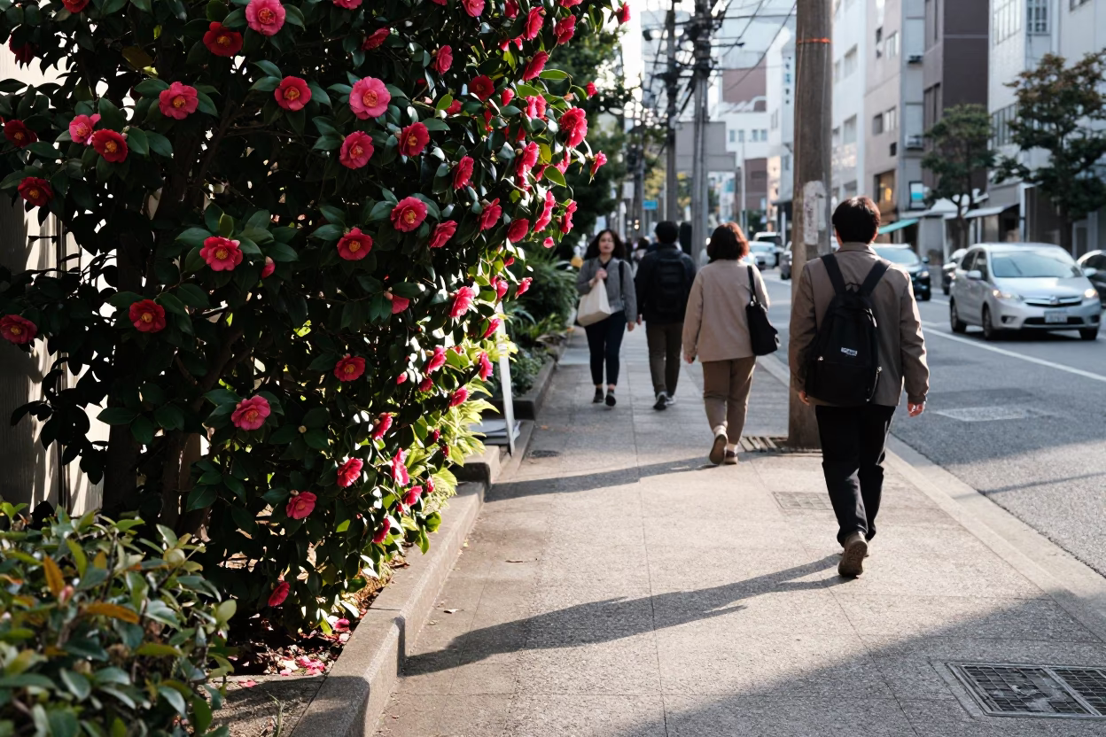 Fukuoka street scene with camellia shrub and urban afternoon light in in Fukuoka, Japan