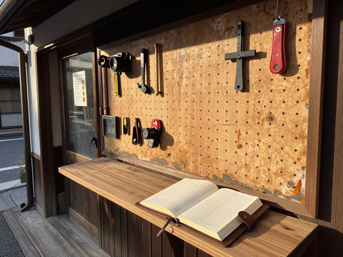Fukuoka Street Scene with Pegboard and Ledger in Early Afternoon in in Fukuoka, Japan