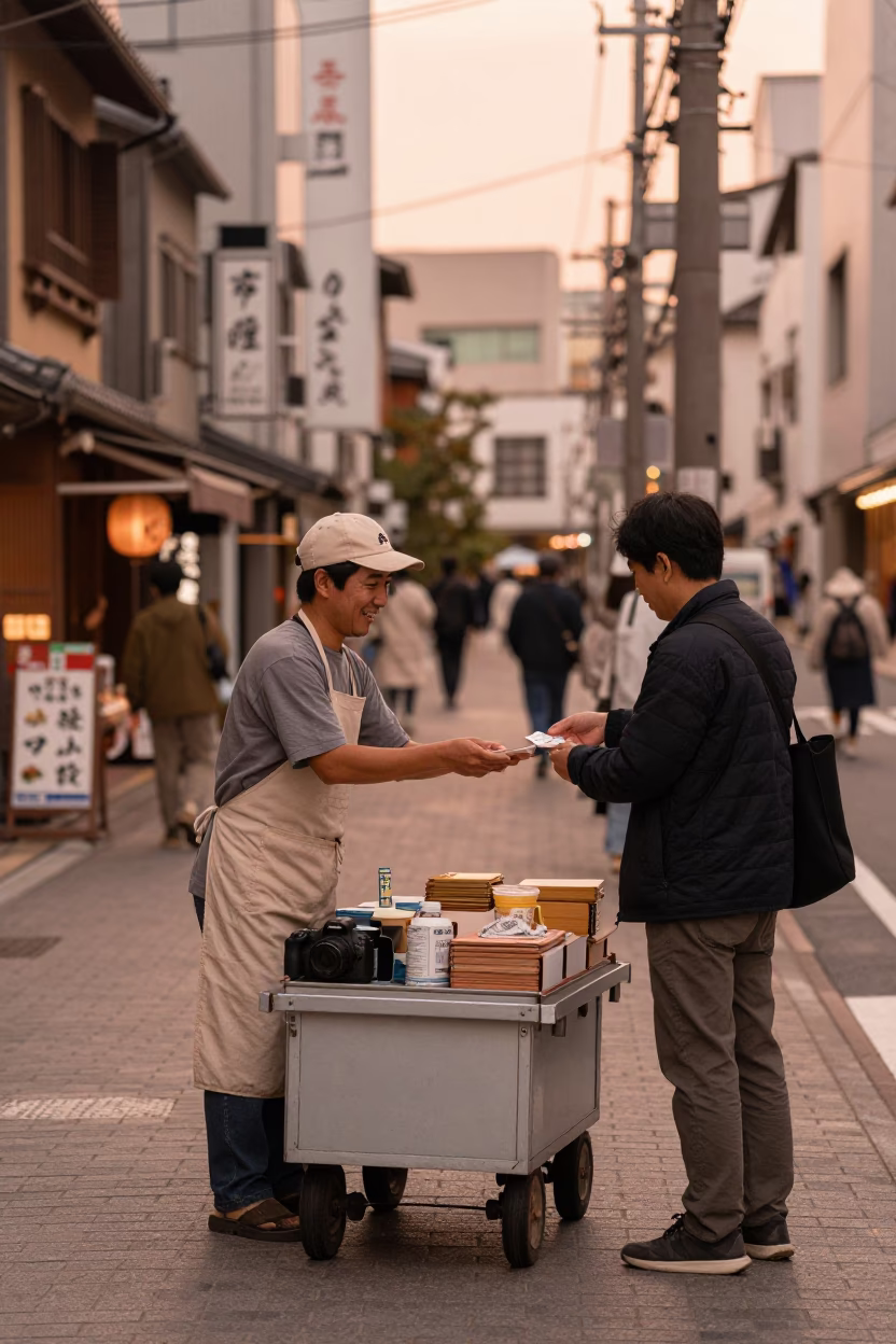 Fukuoka street scene with rolling carts and aprons in copper light in in Fukuoka, Japan
