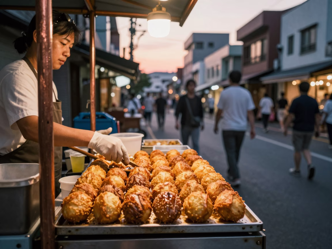 Fukuoka Street Vendor Serving Accra Fritters in Copper Dusk Light in in Fukuoka, Japan