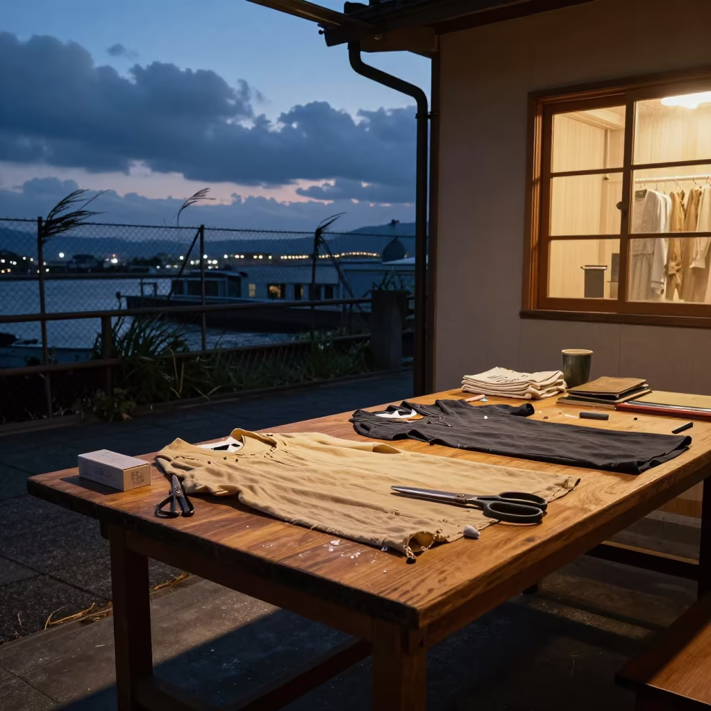 Fukuoka Tailoring Table Predawn Fashion Lookbook in at a tailoring table strewn with chalk and shears in Fukuoka