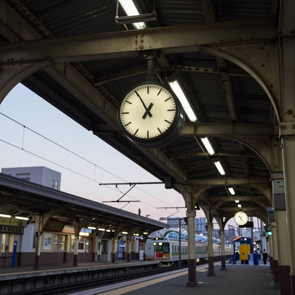 Fukuoka Train Station Evening Scene with Clock Under Iron Roof in in Fukuoka, Japan