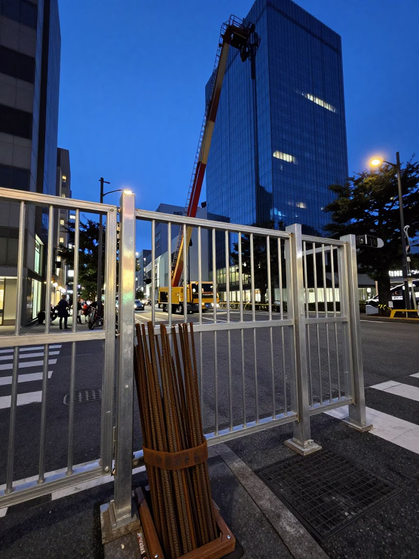Fukuoka Twilight Street Scene with Construction Elevator Gate and Rebar Bundles in in Fukuoka, Japan