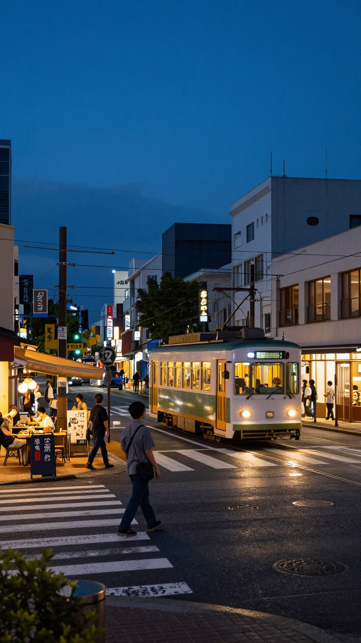 Fukuoka Twilight Street Scene with Tram and Local Dining Culture in in Fukuoka, Japan