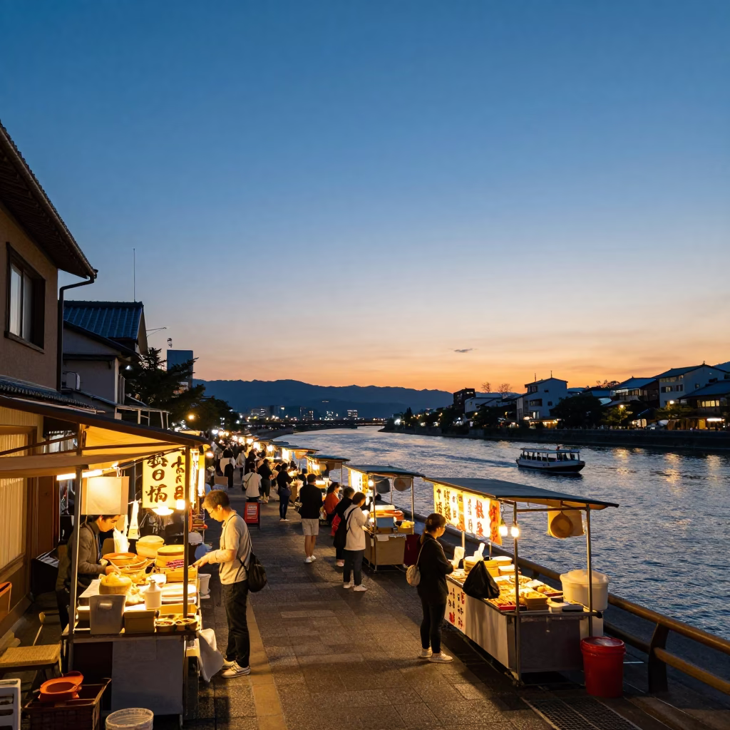 Fukuoka Yatai Food Stall Sunset Street Scene with Water Taxi and Urban Life in in Fukuoka, Japan
