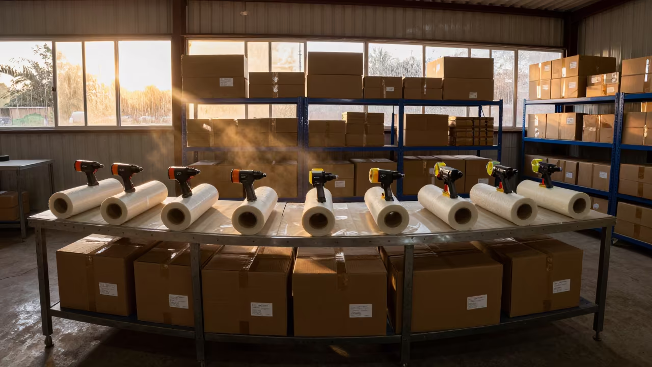 Fulfillment Station Packing Supplies After Night Run in along inventory racks under cool warehouse light near Siguiri