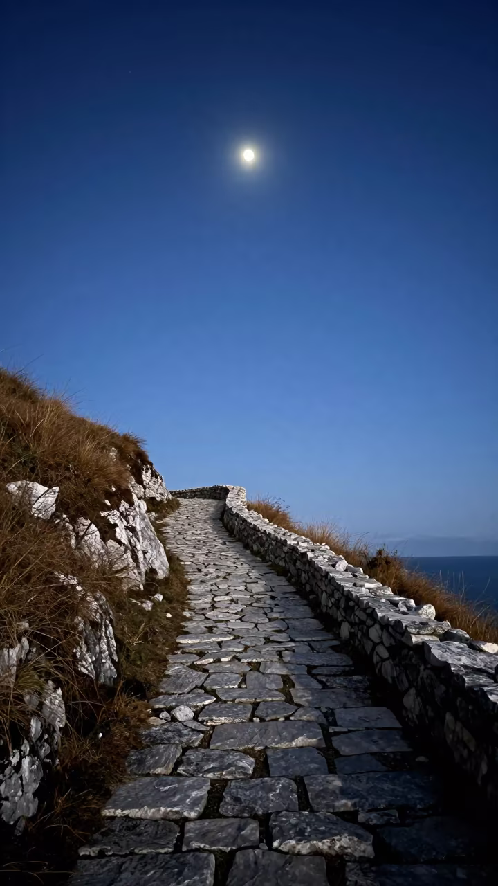 Full Moon Over Austrian Coastal Cliff Path in in Austria