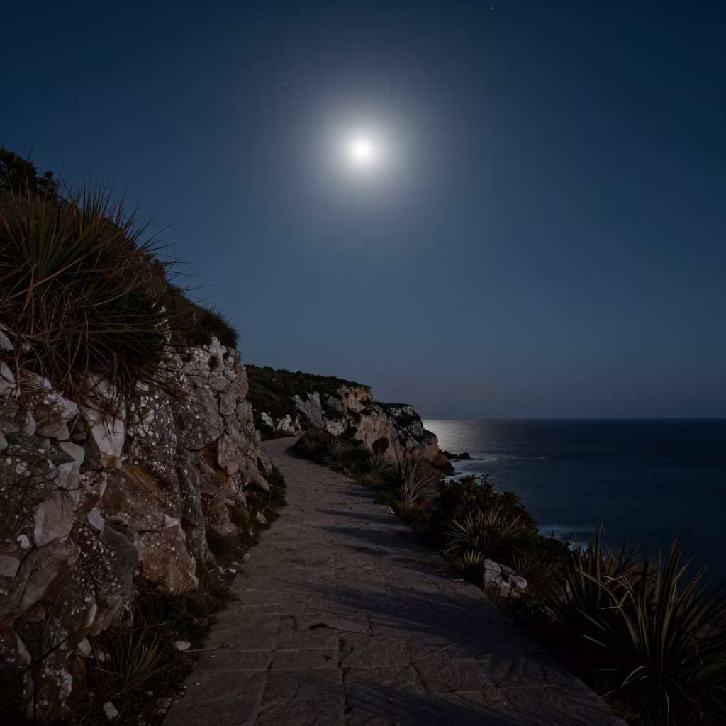 Full Moon Over Coastal Cliff Path Near Sopocachi in under a band of cold starlight near Sopocachi, La Paz
