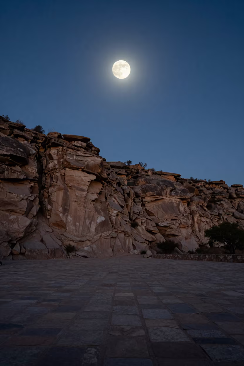 Full Moon Over Desert Plaza Colombia in beneath a wind-cut desert escarpment in Colombia