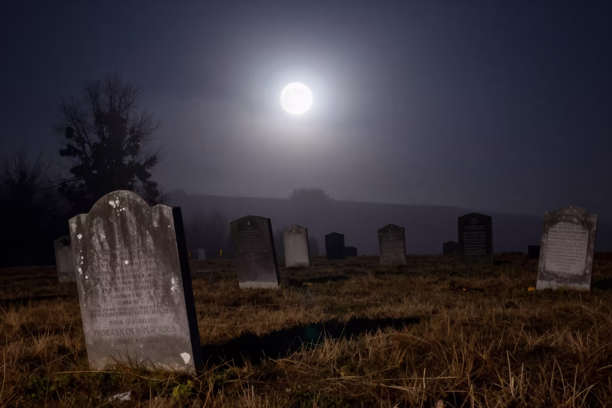 Full Moon Over Misty Idaho Graveyard Night in beneath a moon-washed horizon in Idaho