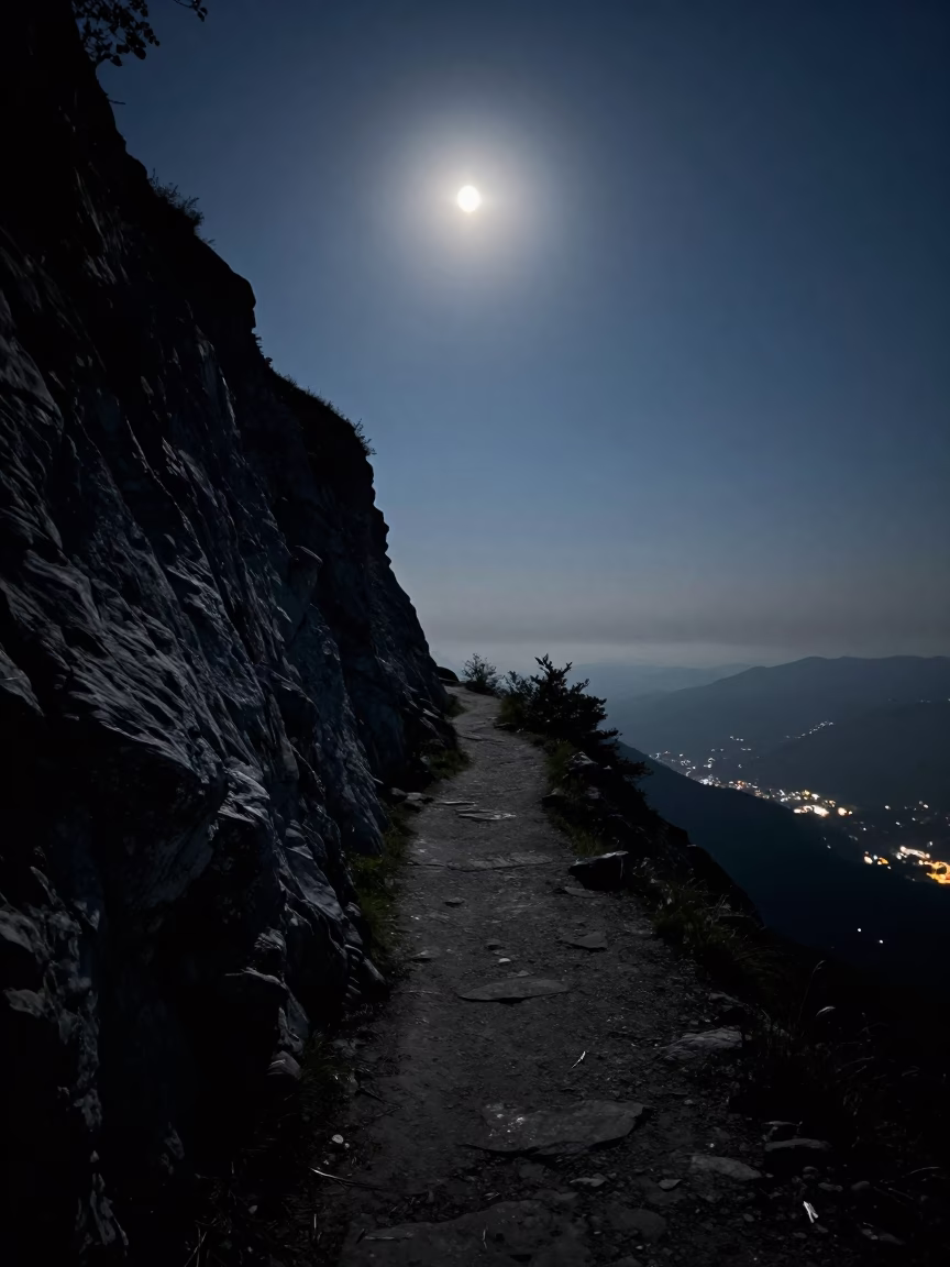 Full Moon Over Cliff Path Near Innsbruck in beneath a moon-washed horizon near Innsbruck