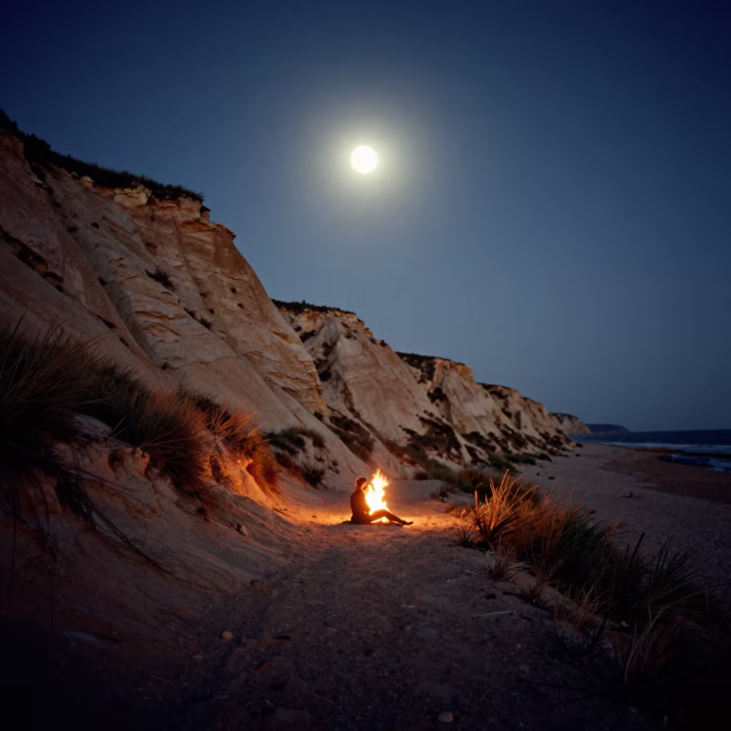 Full Moon Over Coastal Cliff Path in Canada in beneath a wind-cut desert escarpment in Canada