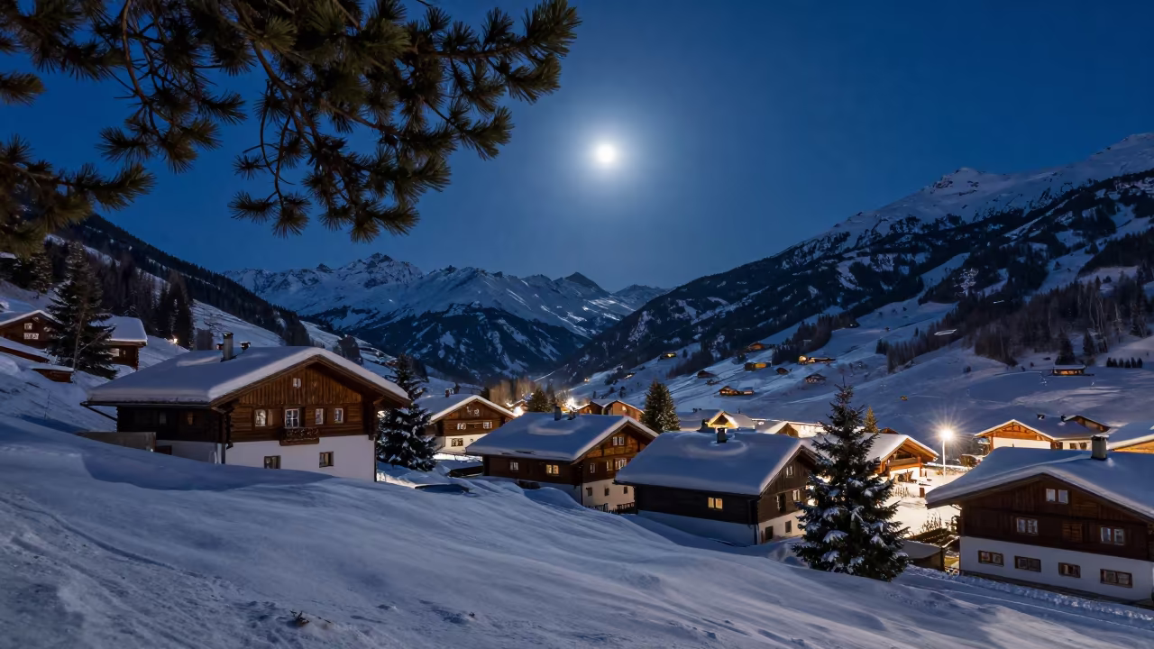 Full Moon Over Snowy Alpine Village at Night in from a frost-hushed ridgeline in British Columbia