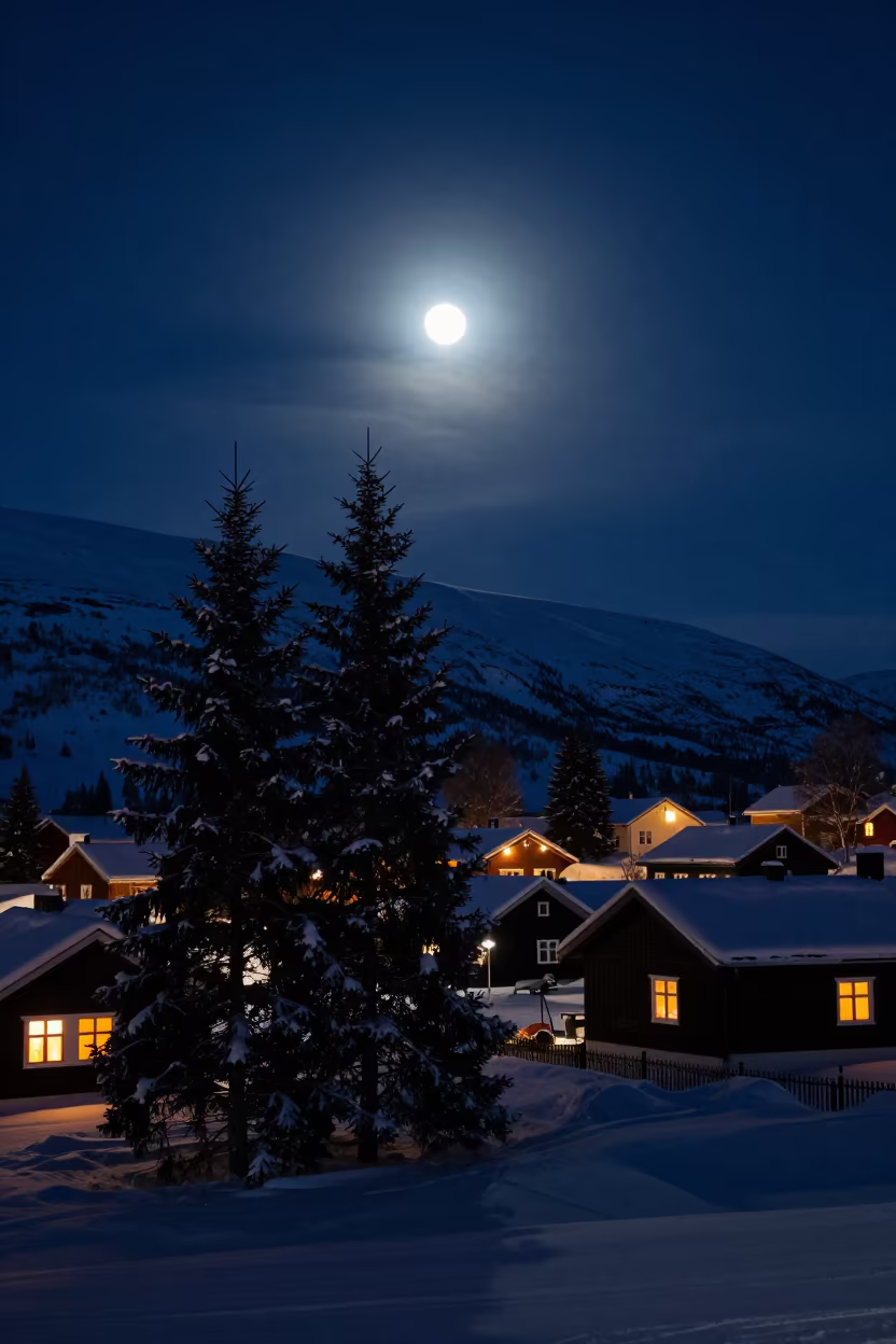 Full Moon Over Snowy Swedish Alpine Village in beneath a moon-washed horizon in Sweden