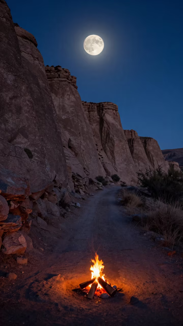 Full Moon Over Wind-Cut Desert Cliff Path at Night in beneath a wind-cut desert escarpment near San Cristobal, Cusco