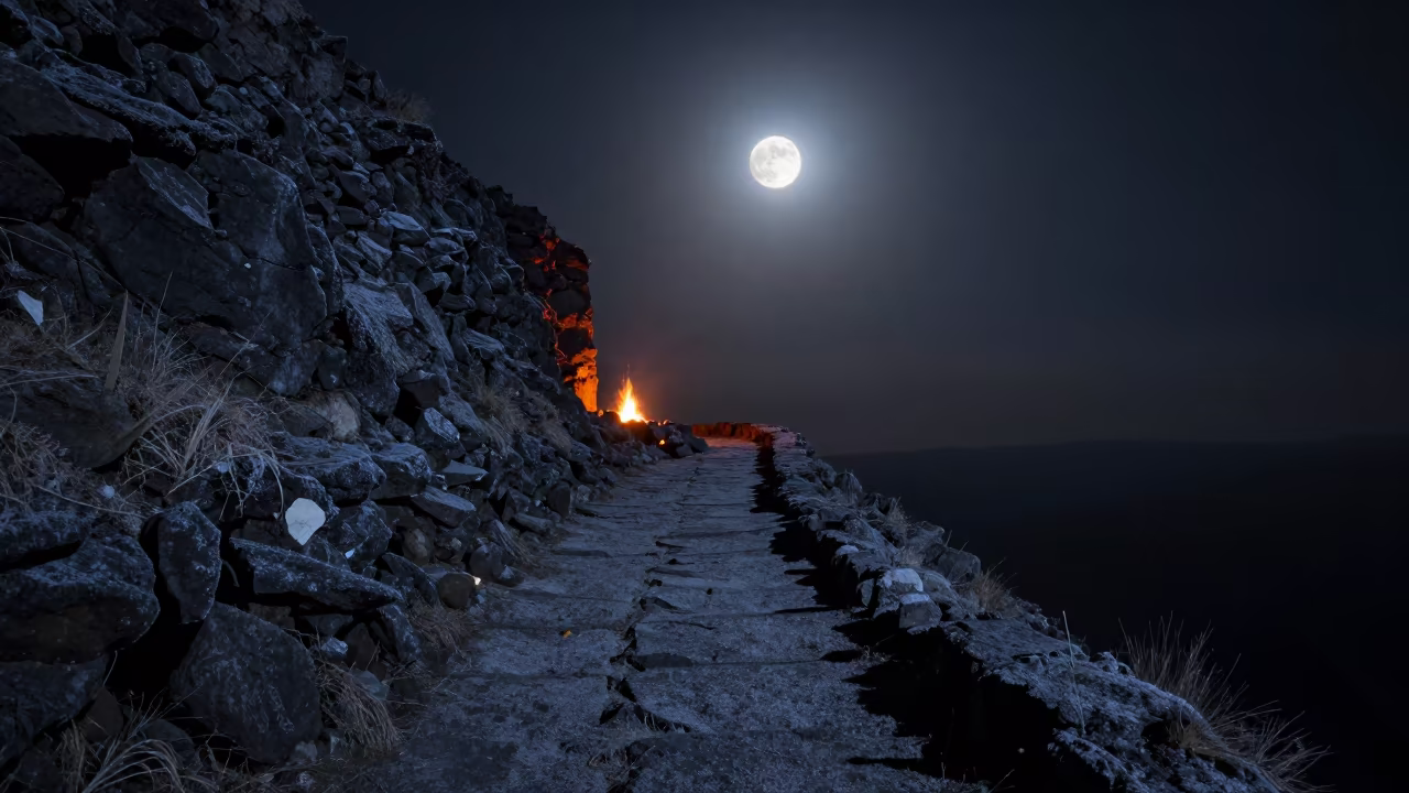 Full Moon Over Quito Cliff Path Night in from a frost-hushed ridgeline near Guapulo, Quito