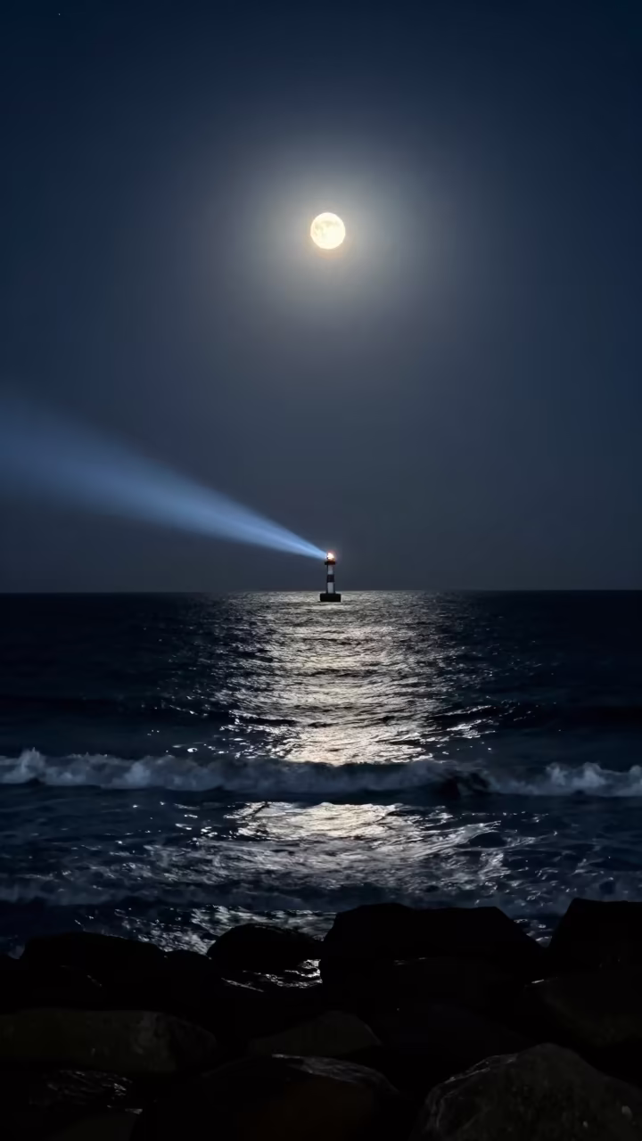 Full Moon Rising Over Tel Aviv Ocean at Night in under a band of cold starlight near Neve Tzedek, Tel Aviv