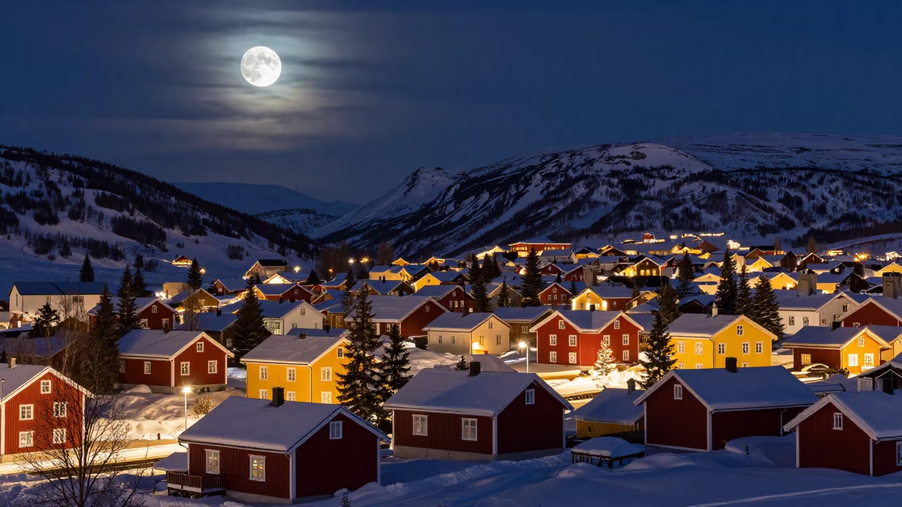 Full Moon Over Snowy Swedish Alpine Village Night in in Sweden