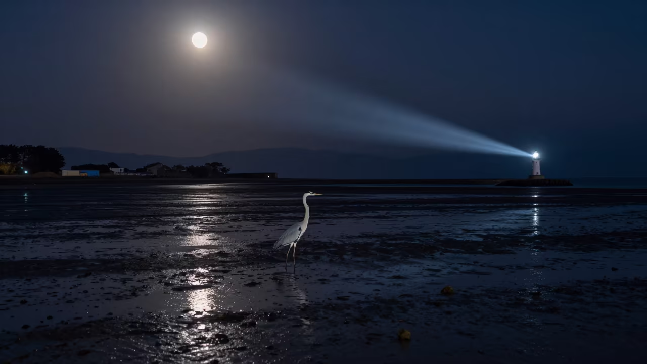 Full Moon Over Tidal Mudflats with Solitary Heron in near Kanazawa