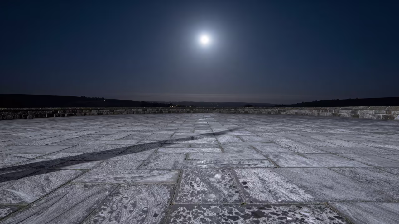 Full Moon Whitening Yorkshire Stone Plaza in under the clearest stretch of sky in Yorkshire