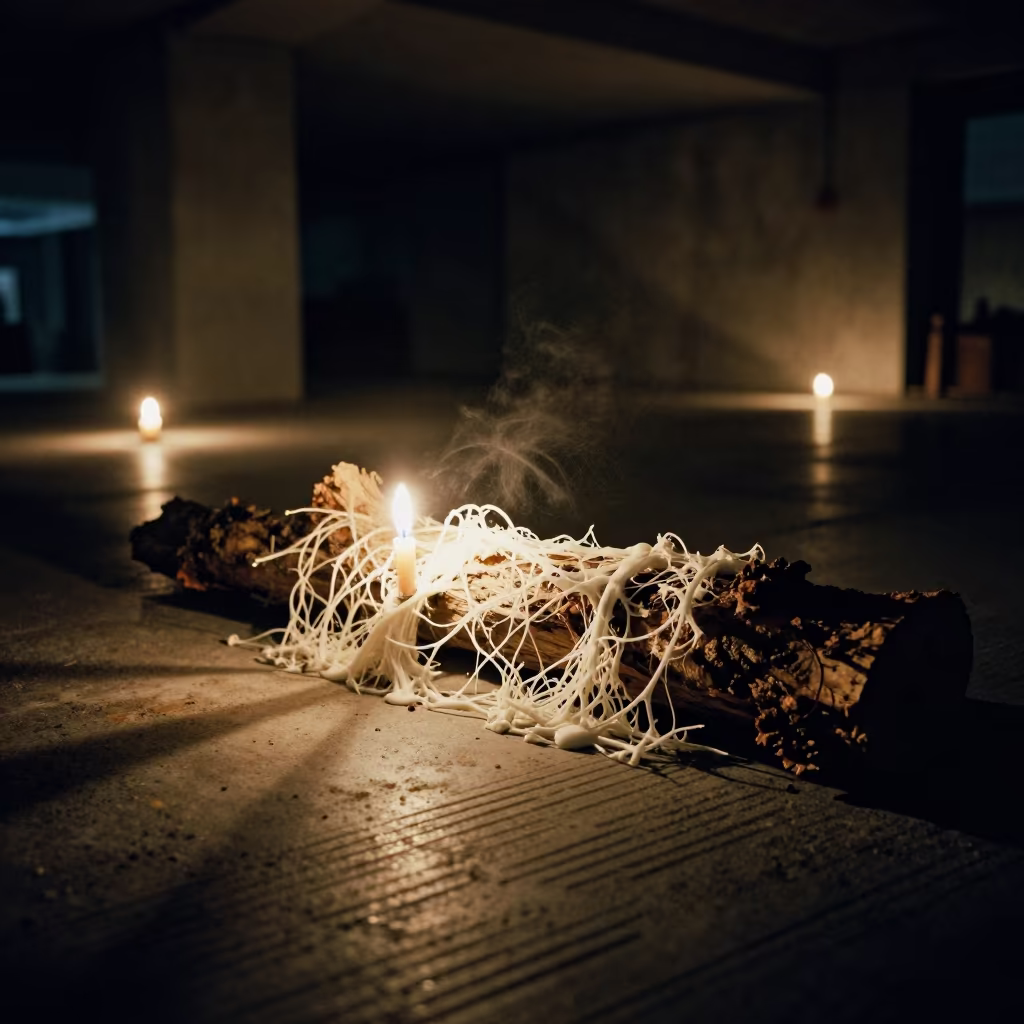 Fungal Threads Beneath Log in Concrete Lobby in inside a ribbed concrete lobby in Ashkelon