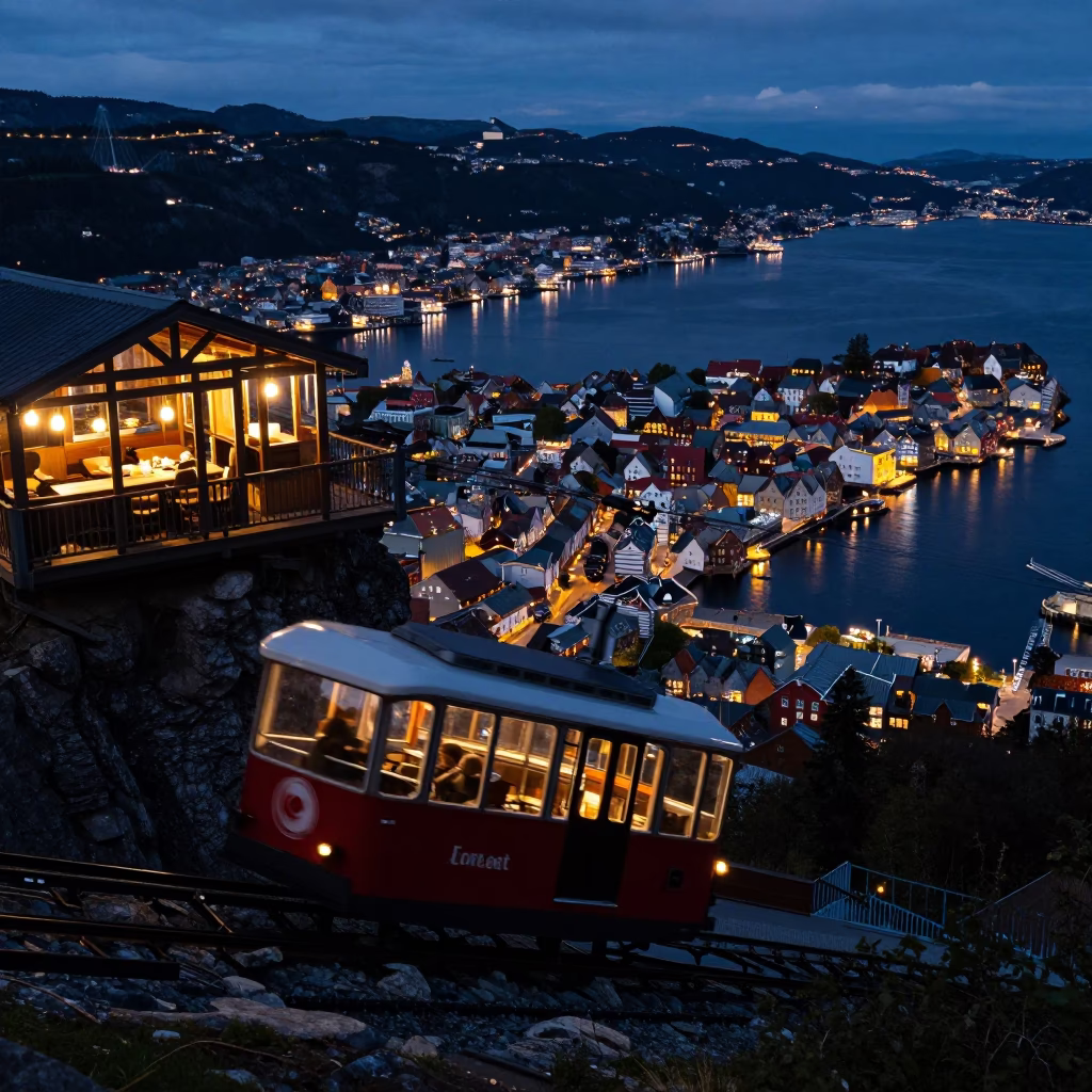 Funicular Approaching Cliffside Restaurant in Bergen in in Bergen, Norway