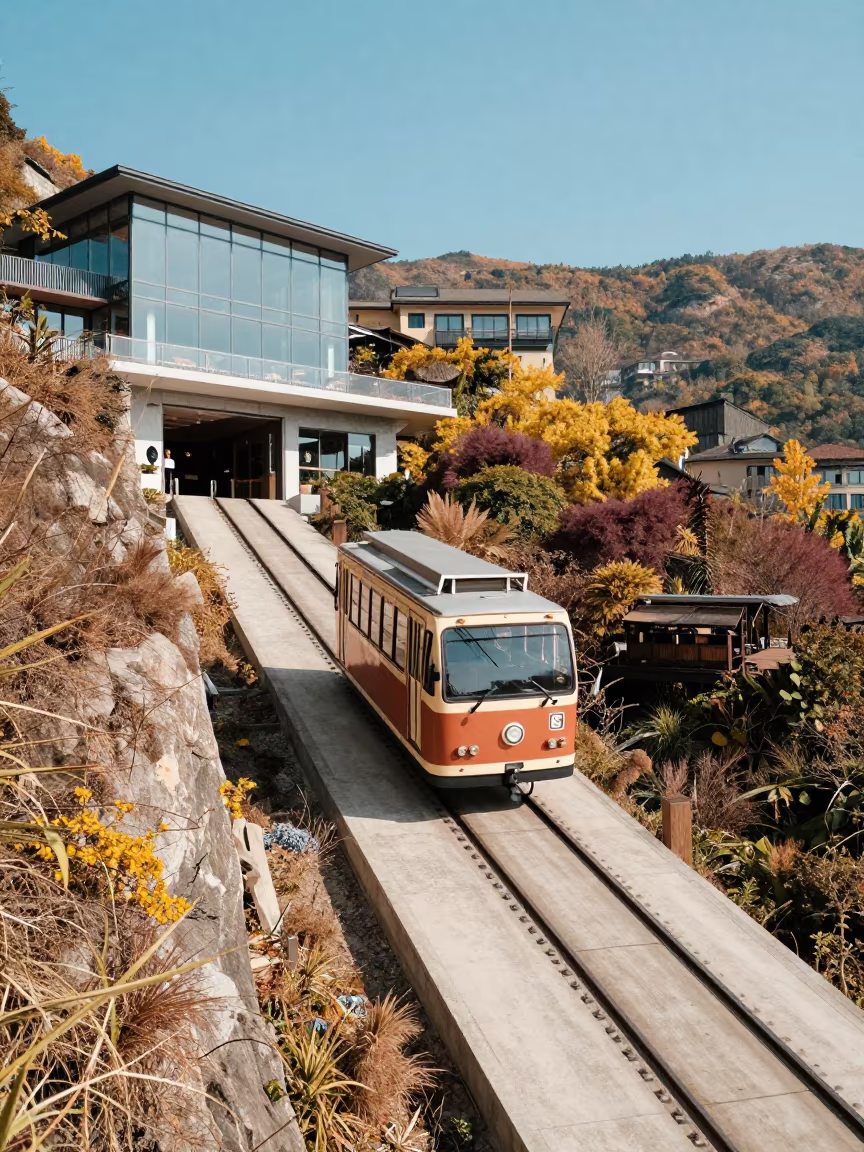Funicular Approaching Cliffside Restaurant Shanghai in on a wind-open causeway near Shanghai