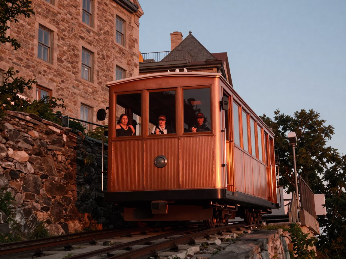 Funicular Arriving in Quebec City at Copper-toned Light Before Dusk in in Quebec City, Quebec, Canada