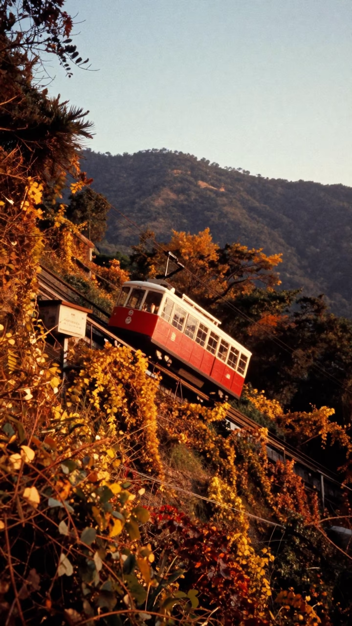 Funicular Ascending Hillside Amidst Autumn Vines at Sunset in Hong Kong in in Hong Kong, Hong Kong