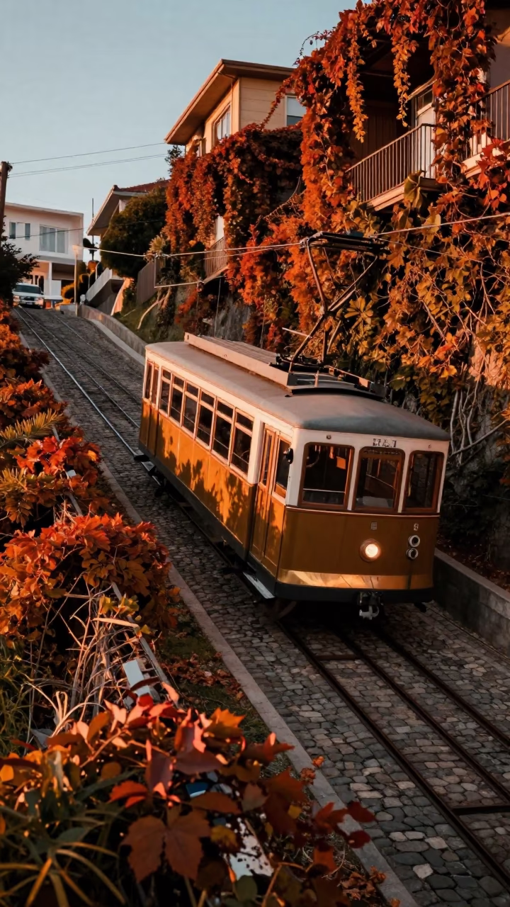 Funicular Ascending Valparaiso Hill Covered in Autumn Vines During Honeyed Evening Light in in Valparaiso, Chile