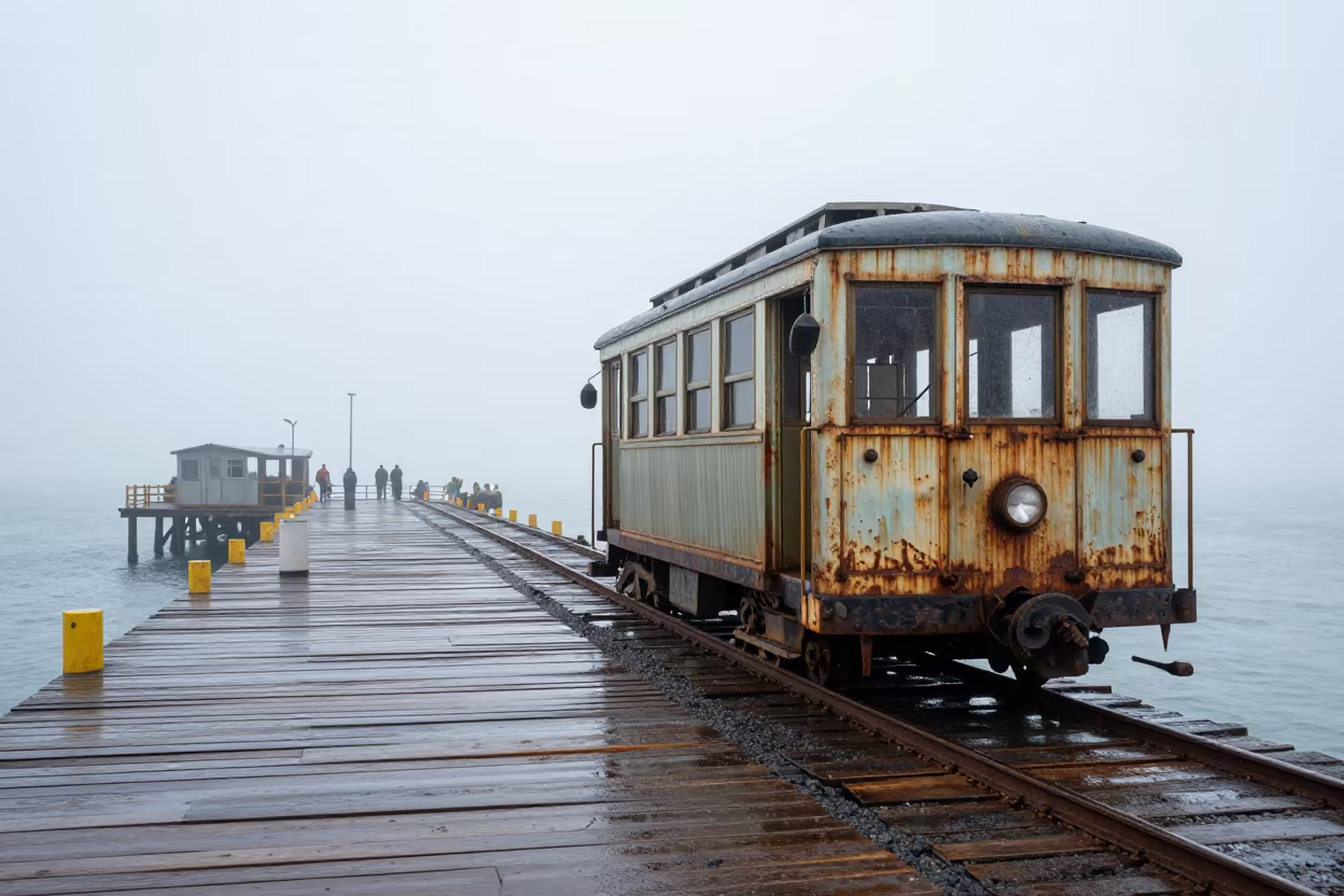 Funicular Car at Foggy Harbor Dock in beside a fogbound harbor mouth near Ica