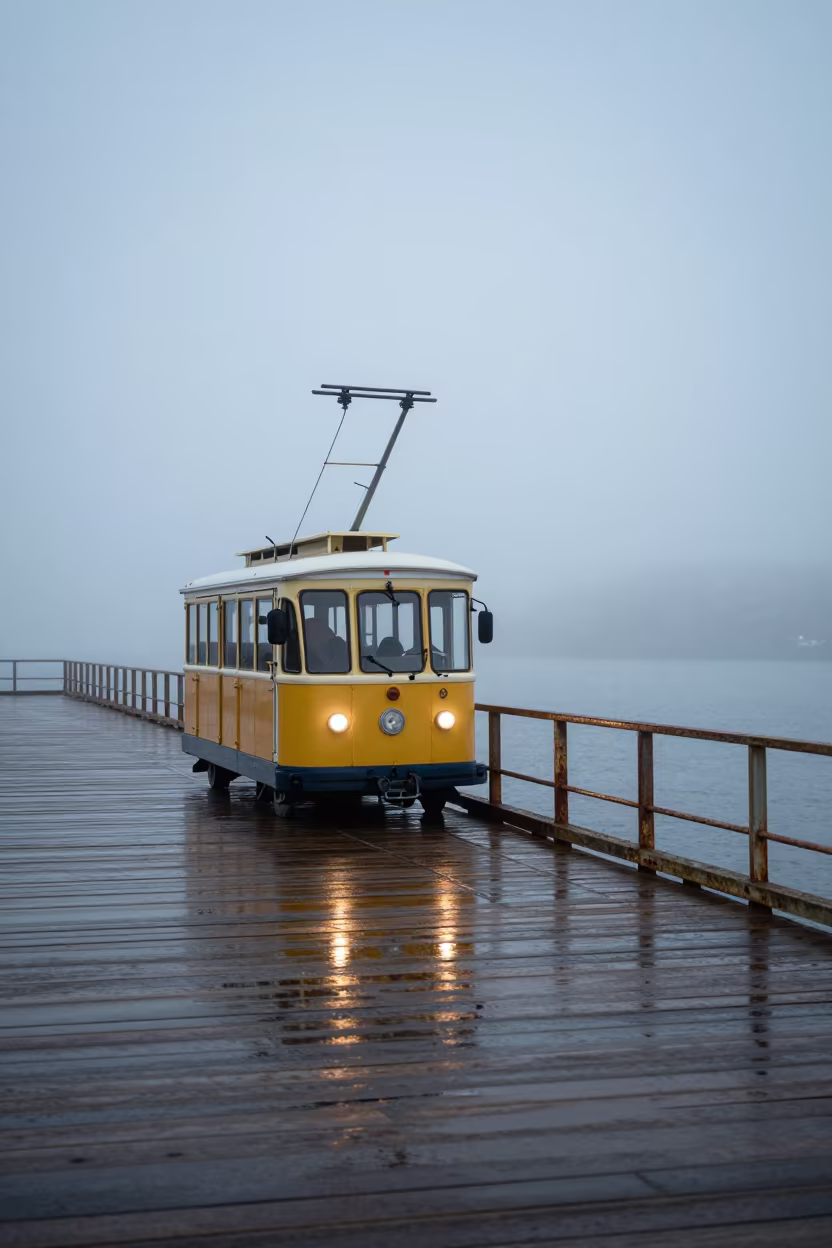 Funicular Car on Foggy Pier After Storm in in Newfoundland