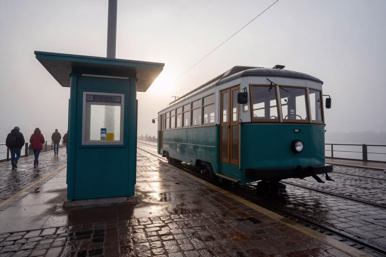 Funicular Car at Riga Harbor Dawn in beside a fogbound harbor mouth near Central Market, Riga