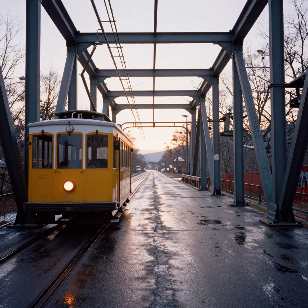 Funicular Car Beside Steel Gantry Vermont Dawn in in Vermont