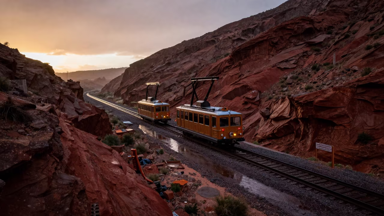Funicular Cars Cross on Arizona Hillside in Evening in on a wind-open causeway in Arizona