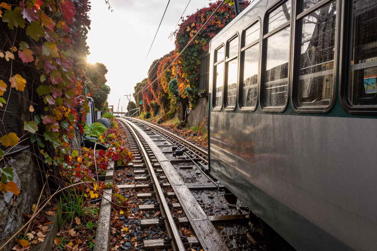 Funicular Climbing Autumn Vines Near Coro in along a switchback approach near Coro