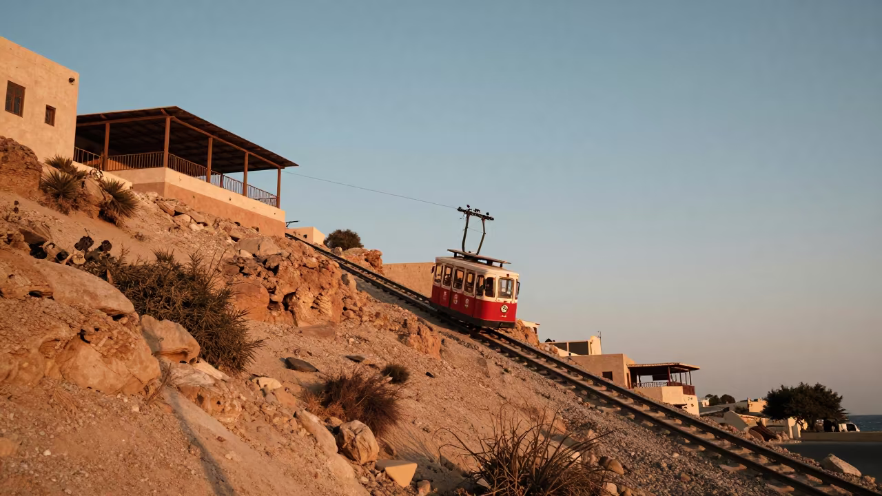 Funicular Climbing Cliffside Restaurant Al Muharraq in on a wind-open causeway near Al-Muharraq