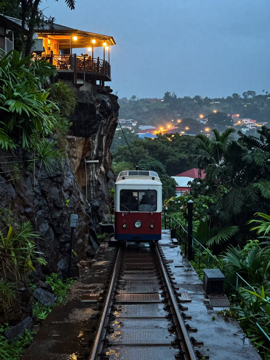 Funicular Climbing Cliffside Restaurant in Guinea in along a switchback approach in Guinea