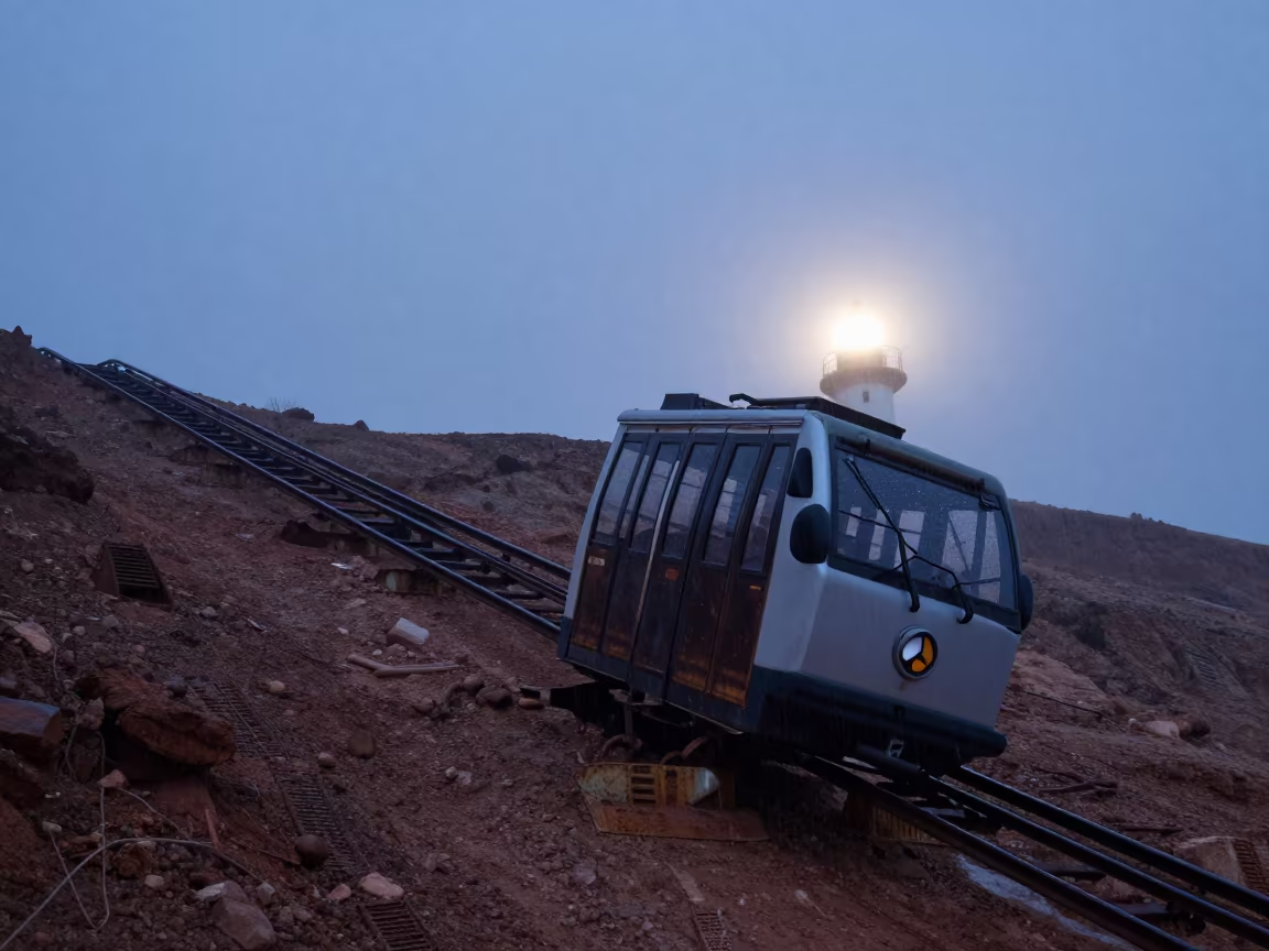 Funicular Climbing Dead Sea Hill in Predawn Light in across a remote ferry crossing in the Dead Sea
