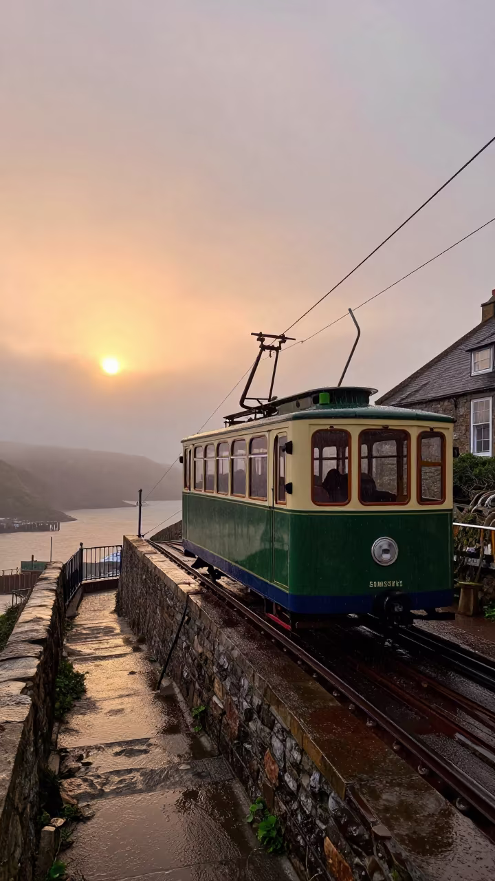 Funicular Climbing Foggy UK Harbor Hill in beside a fogbound harbor mouth in United Kingdom